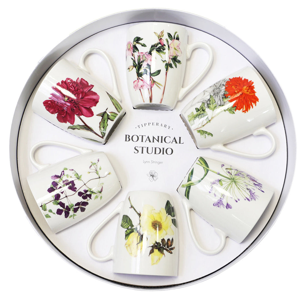 Set of six floral mugs in a circular arrangement with 'Botanical Studio' branding.