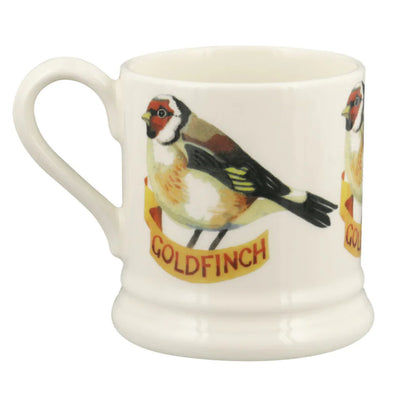 White mug with goldfinch design and 'Goldfinch' text on a white background