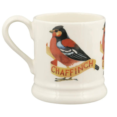 Ceramic mug with a chaffinch design on a white background