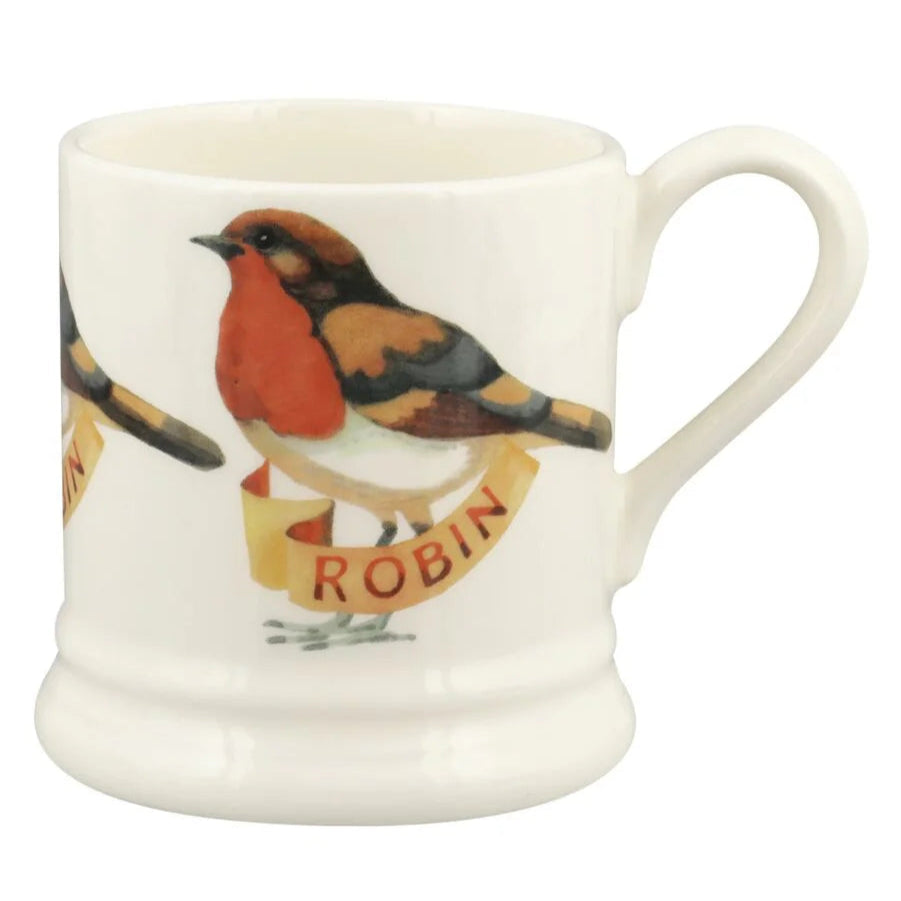 White mug with a robin design on a white background