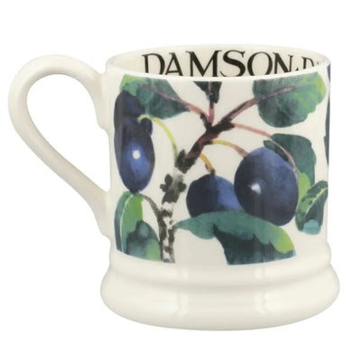 White mug with Damson plum design and 'Danson' branding on a white background