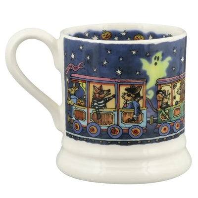 Decorative mug with cartoon characters on a blue background