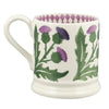Ceramic mug with purple and green floral design on a white background