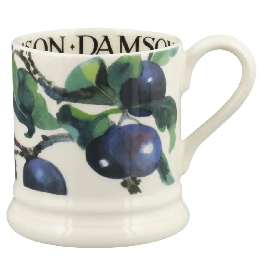 Mug with damson fruit design on a white background