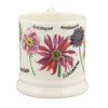 Ceramic mug with floral design and text on a white background