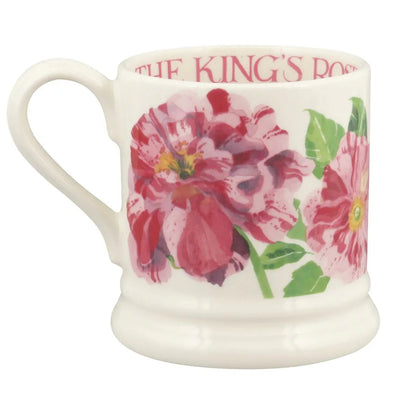 Floral mug with 'The King's Rose' branding on a white background