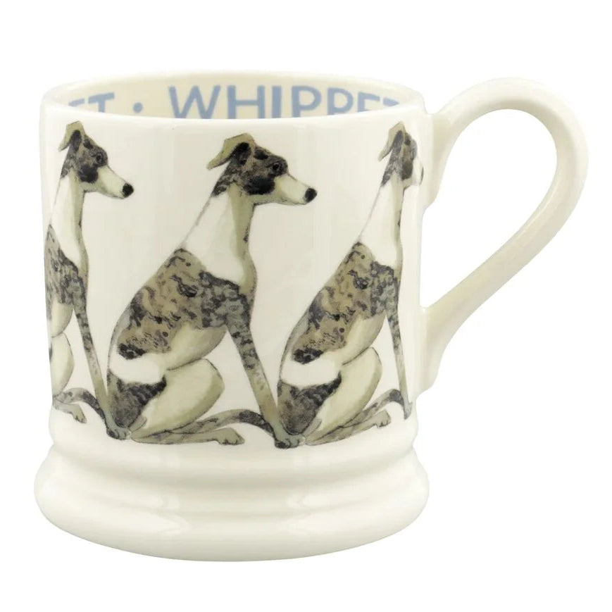 White mug with greyhound illustrations and 'Whippet' text on a white background