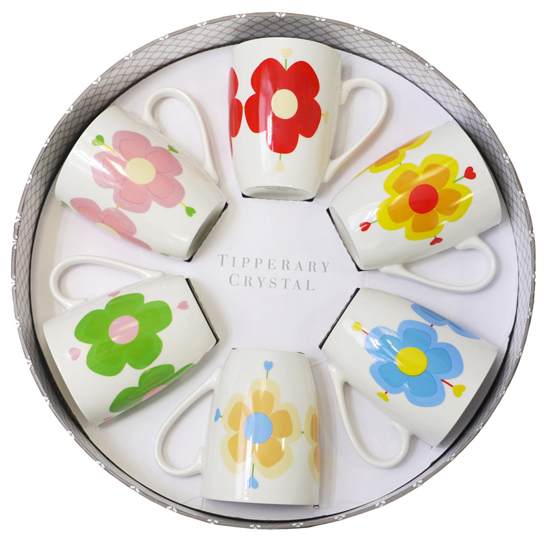 Set of six floral mugs in a circular arrangement with 'Tipperary Crystal' branding.