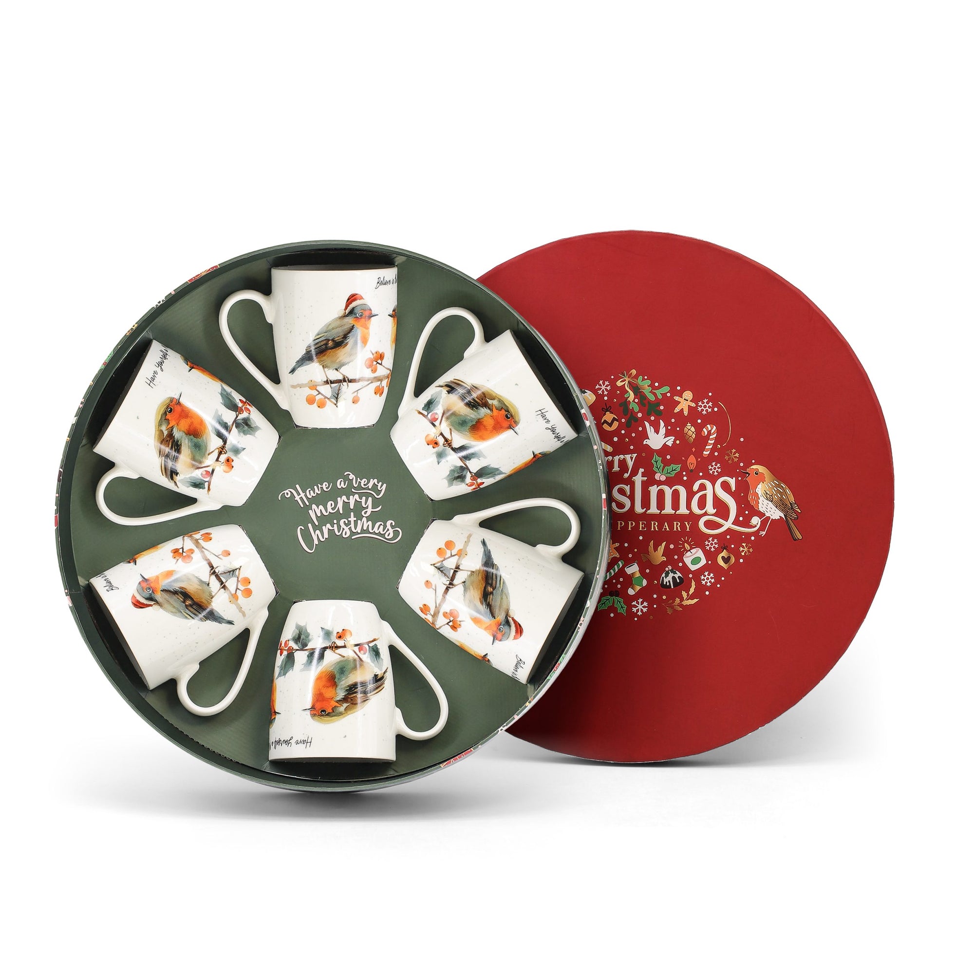 Tipperary Crystal - Christmas Robin Set of 6 Mugs