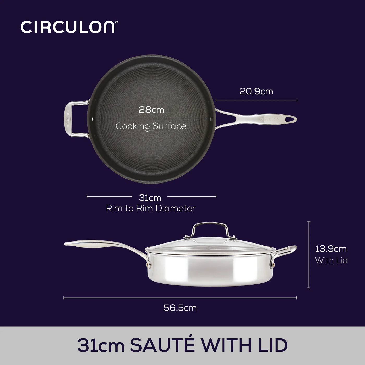 Circulon ScratchDefense 3 ply Clad 30cm Stainless Steel Non Stick Frying Pan + Glass Lid