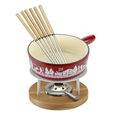 Kuhn Rikon Cheese Fondue Set Alpine Meadow Red Cast Iron induction 24cm