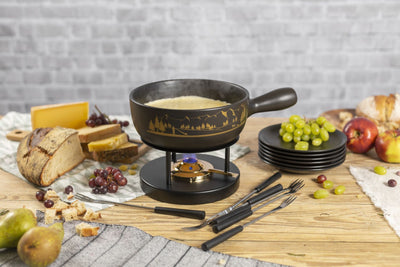 Kuhn Rikon Cheese Fondue Set Alpine panorama black 23cm with 6 plates