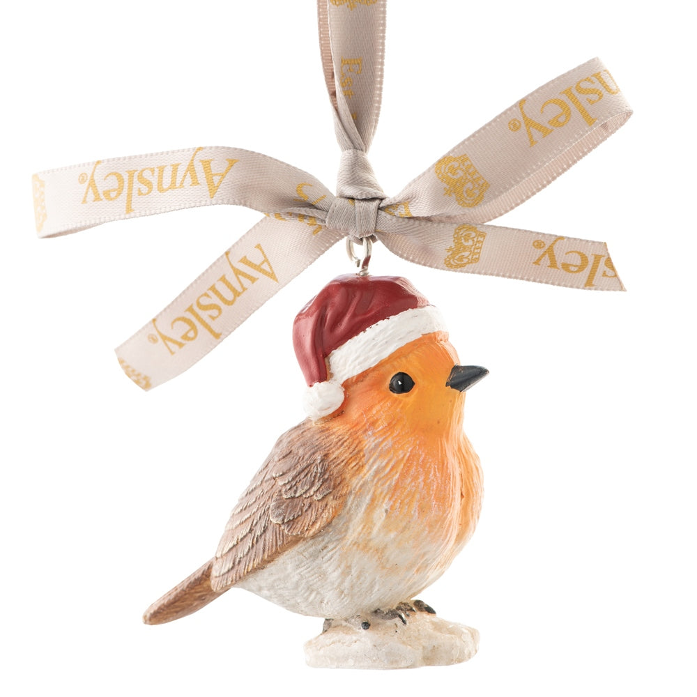 Aynsley Christmas Robin Wearing Santa Hat Hanging Ornament