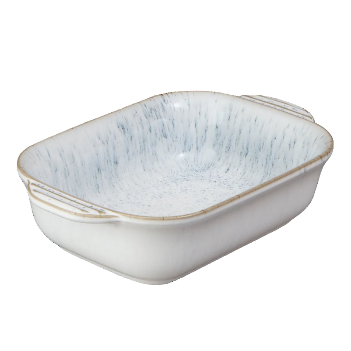 White Stoneware Rectangular Oven Dish with blue speckled pattern 