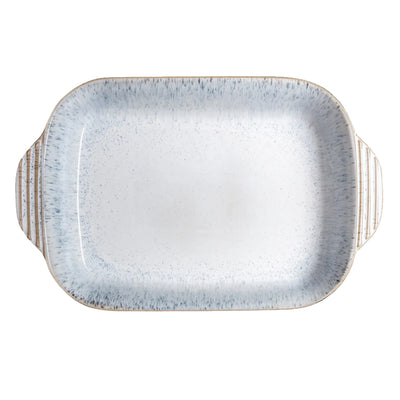 White Stoneware Rectangular Oven Dish with blue speckled pattern