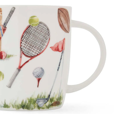Mug with sports-themed design featuring a tennis racket, golf club, and ball on a white background