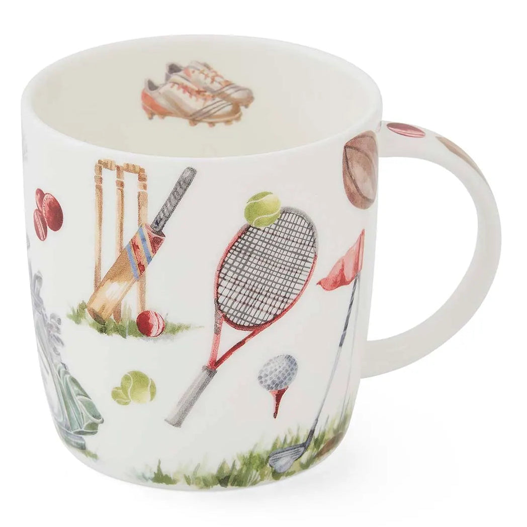 Mug with sports-themed design featuring a tennis racket, golf club, and other items on a white background.