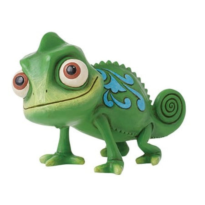 Green chameleon figurine with blue patterns on a white background