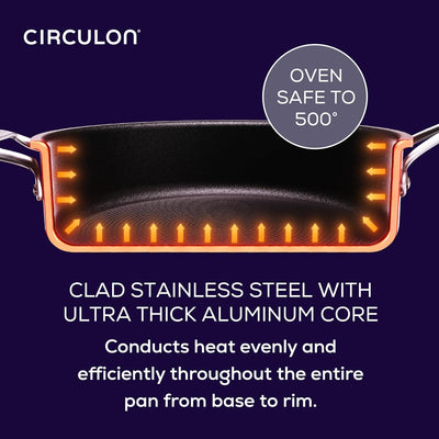 Circulon ScratchDefense 3 ply Clad 32cm Stainless Steel Non Stick Frying Pan + Glass Lid