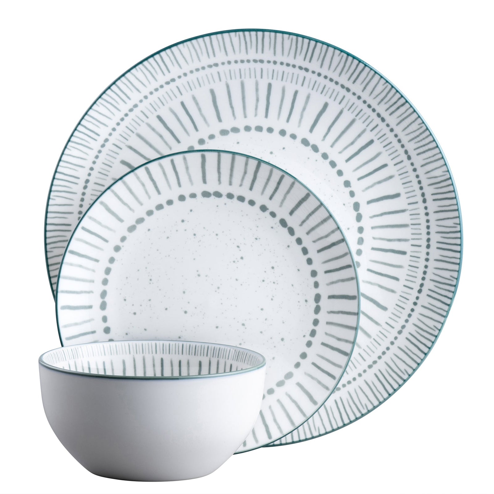 Set of ceramic plates and a bowl with decorative patterns