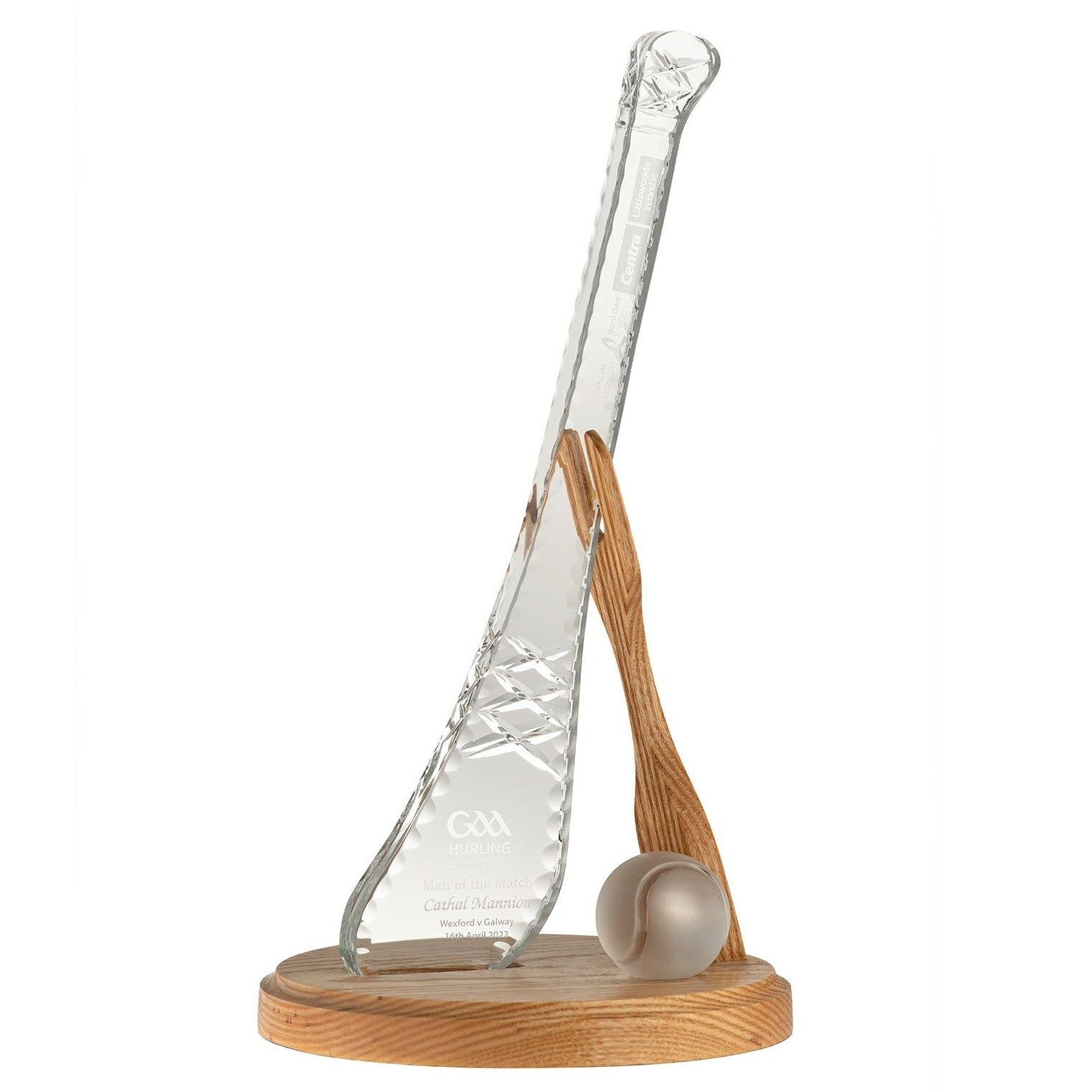 Galway Crystal Hurley & Sliothar Trophy on Ash Base - Engraved: GM1173E