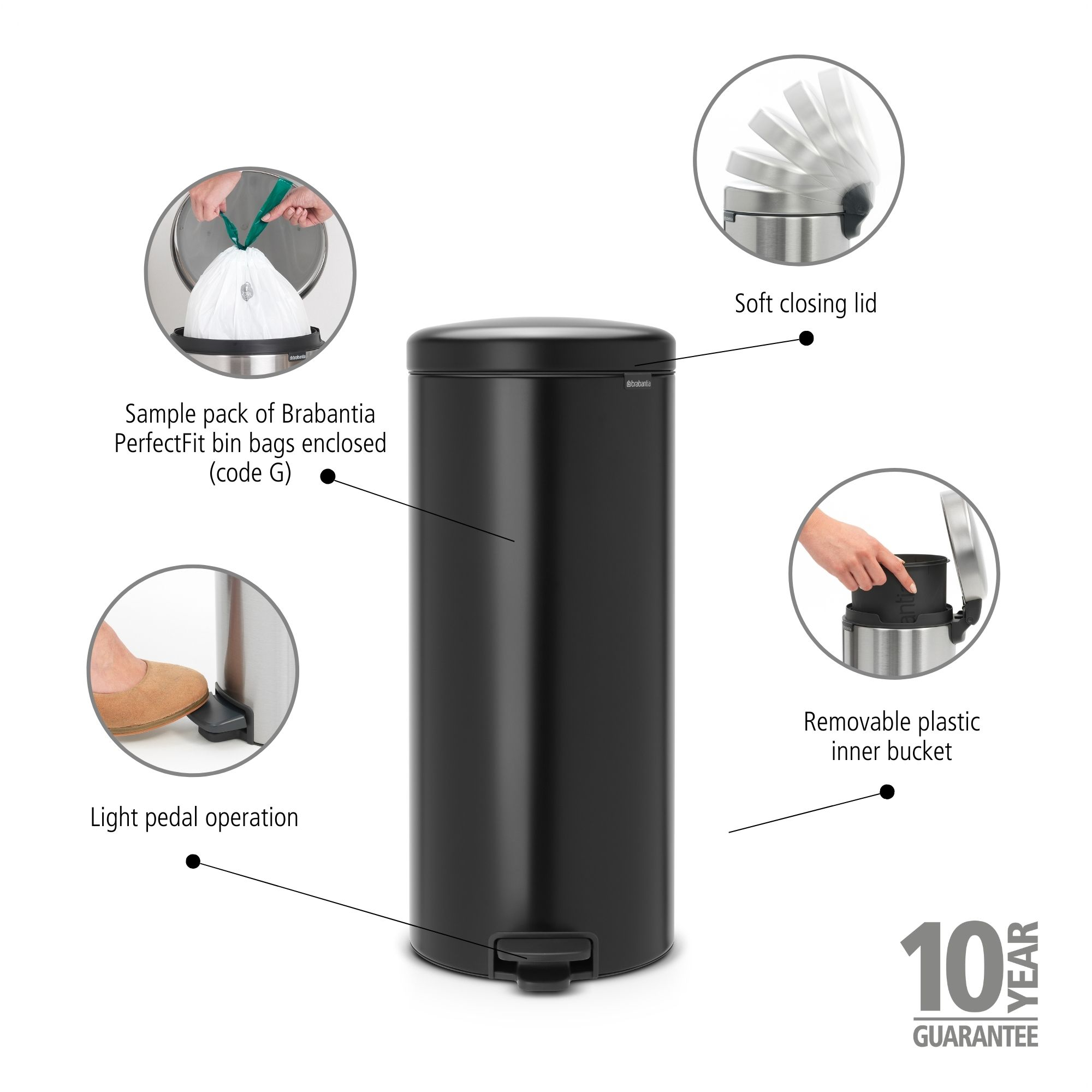 Brabantia NewIcon Pedal Bin 30 Litre - Matt Black