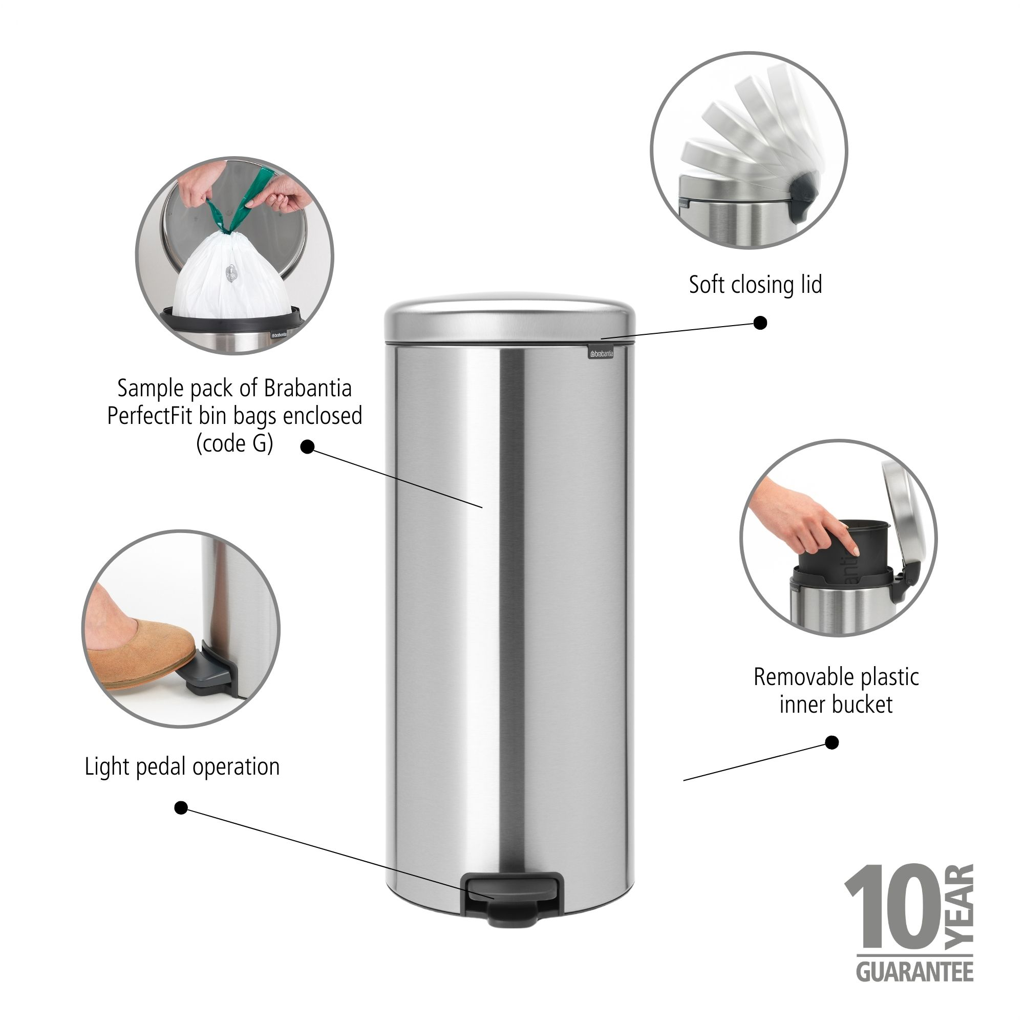 Brabantia NewIcon Pedal Bin 30 Litre - Matt Steel