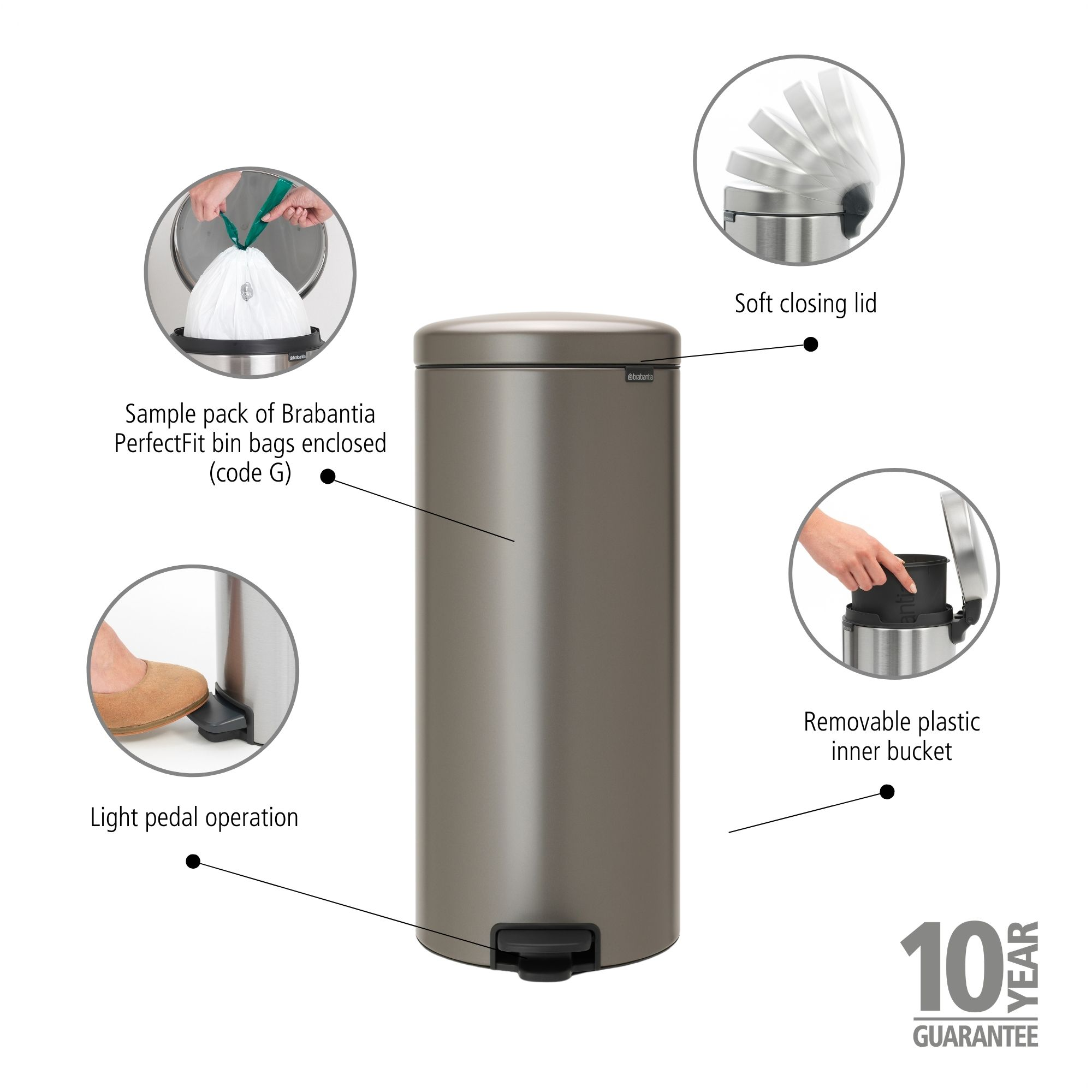 Brabantia NewIcon Pedal Bin 30 Litre - Platinum