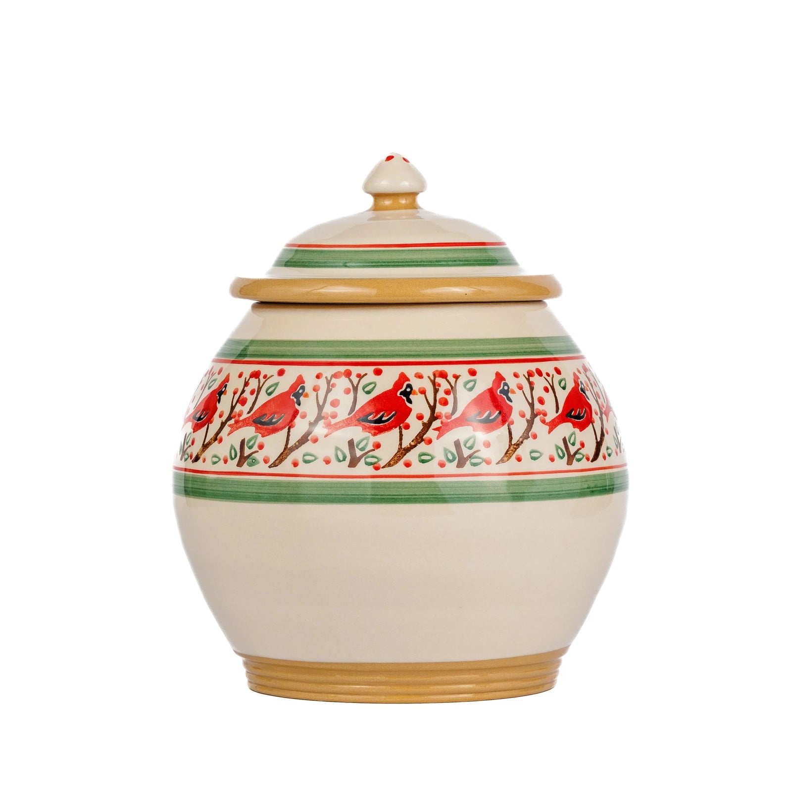 Decorative ceramic jar with red cardinal birds on a white background