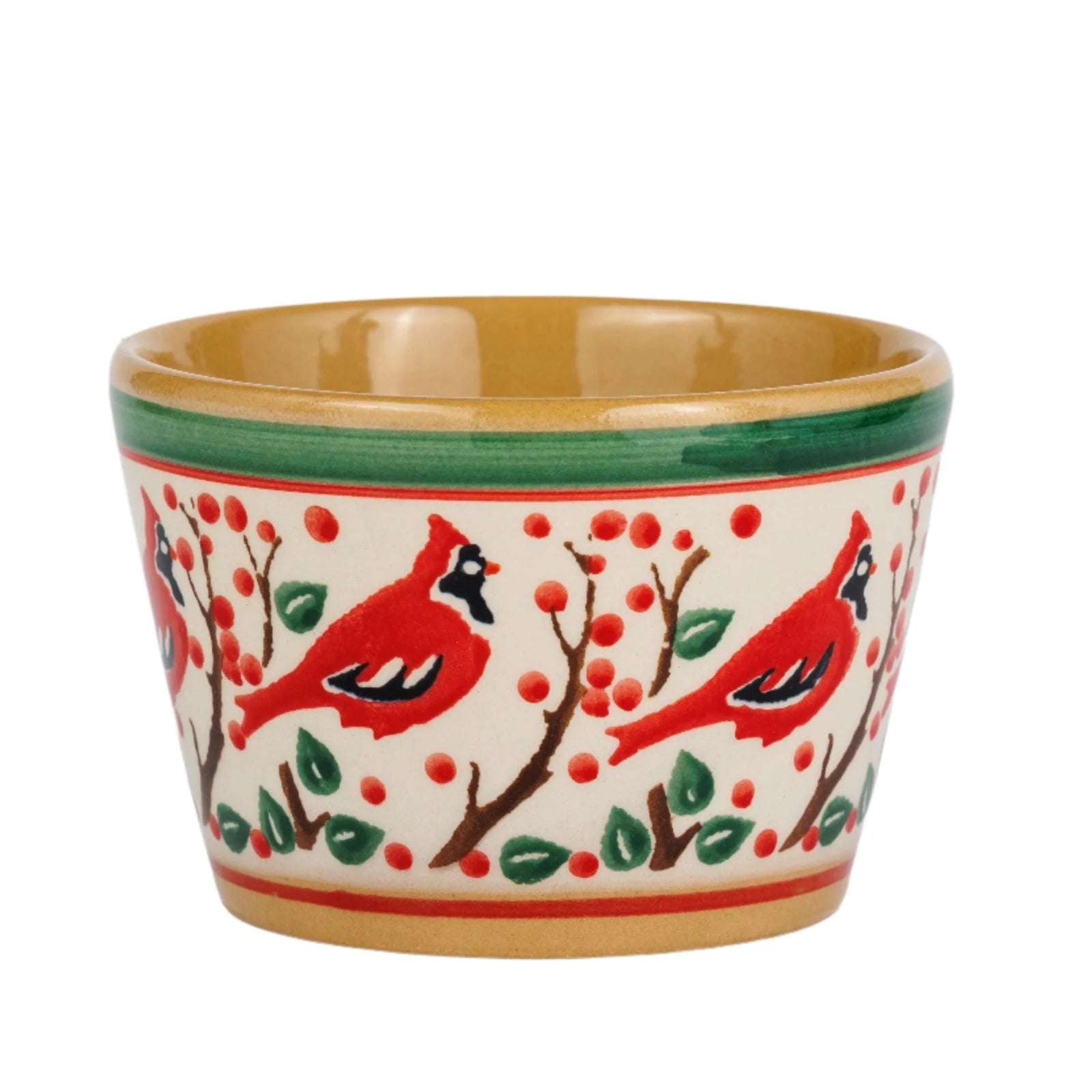 Ceramic cup with cardinal bird design on a white background