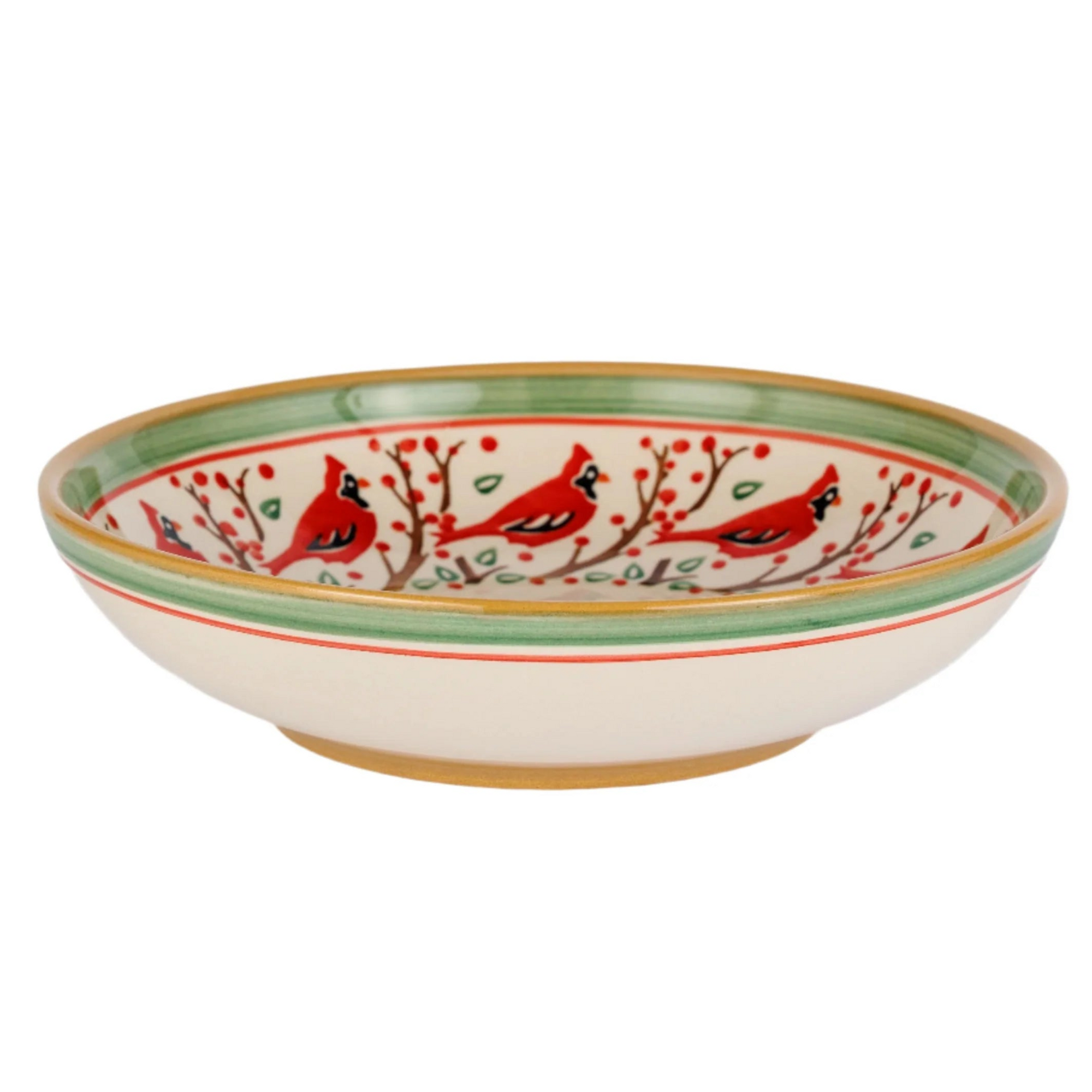 Decorative ceramic bowl with red cardinal birds on a white background