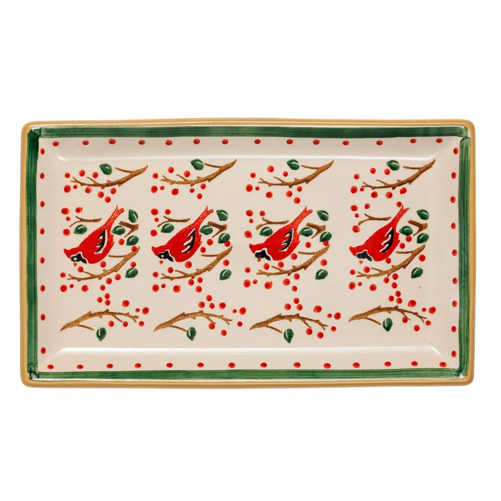 Decorative ceramic tray with red birds and green leaves on a white background