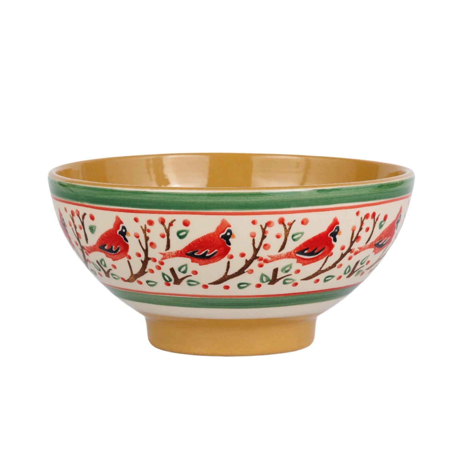 Decorative bowl with cardinal design on a white background