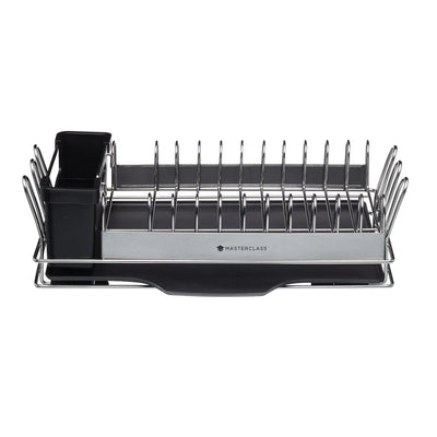 A Masterclass stainless steel and black kitchen sink dish rack with a built-in organizer cup, shown on a solid white background.