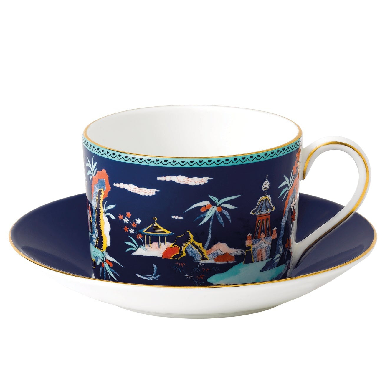 Wedgwood Wonderlust Blue Pagoda Teacup & Saucer Set of 4