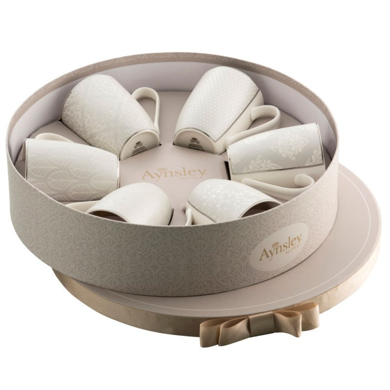 Aynsley Silver Brocade 6 Mugs in Hat Box set