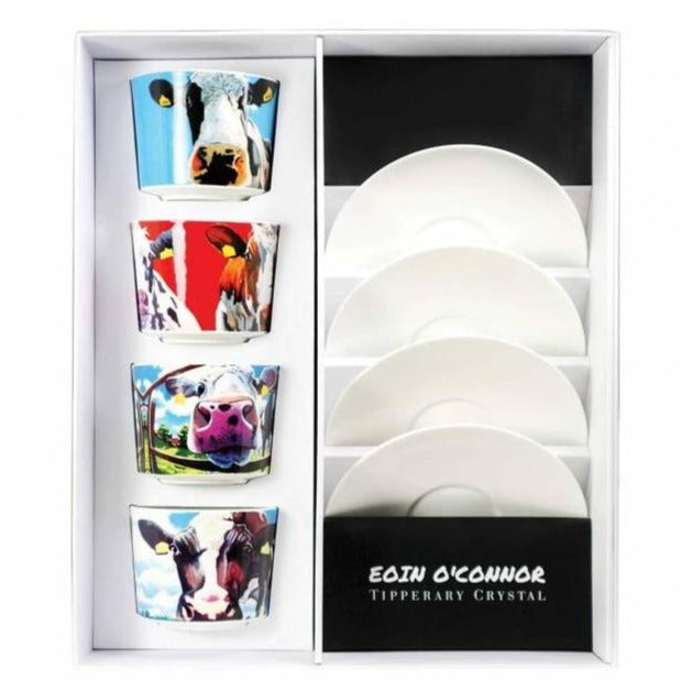 Tipperary Crystal Eoin O'Connor Cows - Set of 4 Cappuccino Cup and Saucers