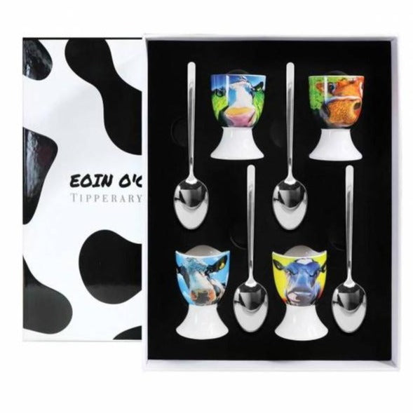 Tipperary Crystal Eoin O'Connor Cows - Set of 4 Egg Cup and Spoons