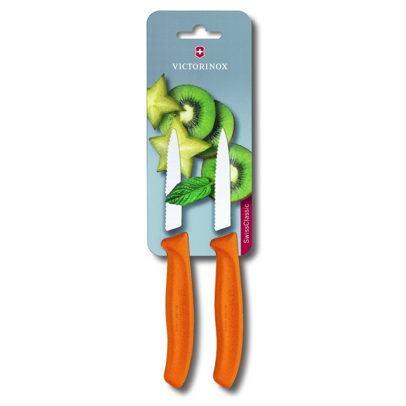 Victorinox Swiss Classic Paring knife Serrated edge Pointed Tip 8cm Orange Twin Pack - Last chance to buy