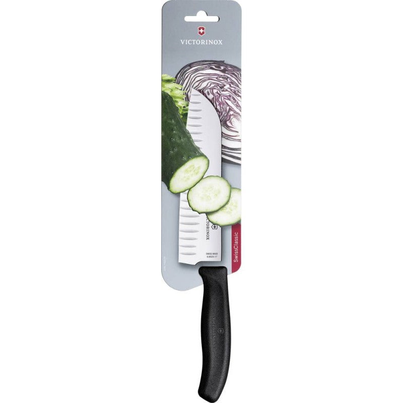 Victorinox Swiss Classic Santoku Knife, Fluted Blade 17cm Black (Blister Pack)